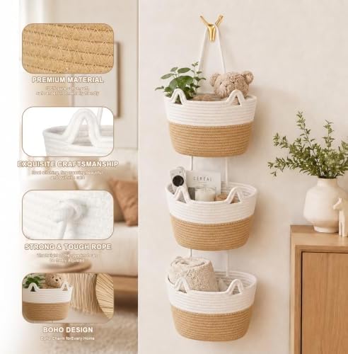 3 Tier Hanging Basket Over the Door | Wall-Mounted Braided Storage Bags - Image 3