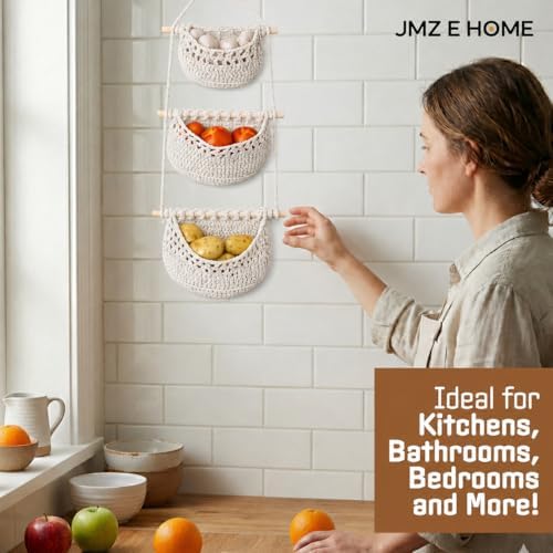 Cotton Hanging Fruit Basket, 3 Tier Woven Wall Basket, Hanging storage baskets - Image 6