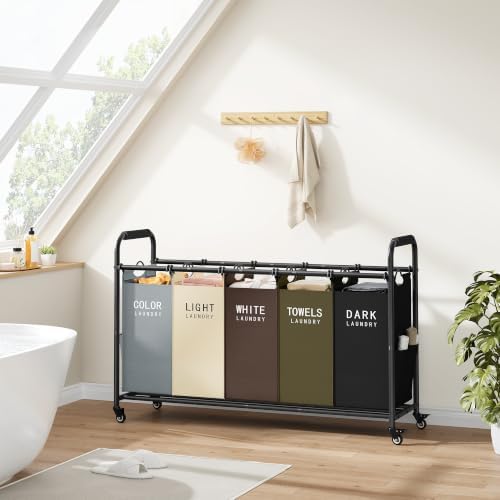 Tajsoon 5 Bag Laundry Sorter Cart, Laundry Hamper 5 Section, 5 Colors - Image 6