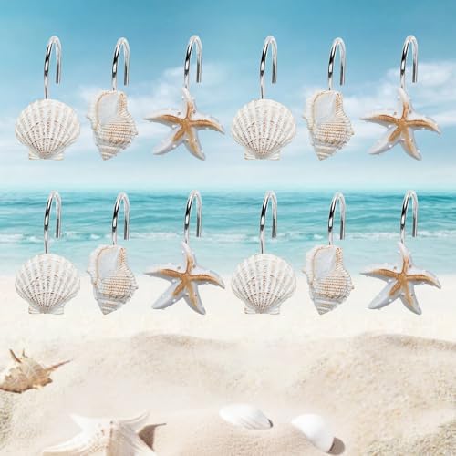 12-Pack Coastal Shower Curtain Hooks – Decorative Seashell Starfish Conch by MLAPIS