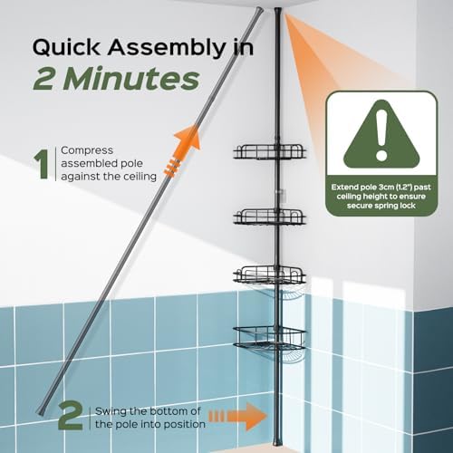 HAMITOR Corner Shower Caddy Tension Pole: No-Drill Rustproof Bathroom Shelf - Image 6