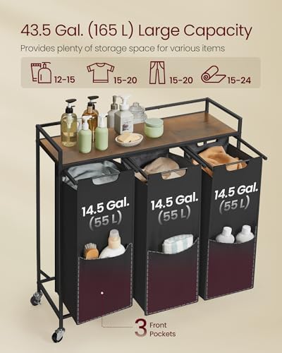 VASAGLE Laundry Sorter 3 Section, Rolling Cart - Image 3