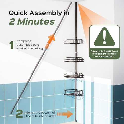 HAMITOR Corner Shower Caddy Tension Pole: No-Drill Rustproof Bathroom Shelf - Image 6