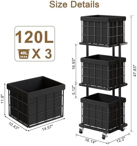 120L Vertical Laundry Sorter, 3 Tier Metal Rolling Laundry Basket - Image 3