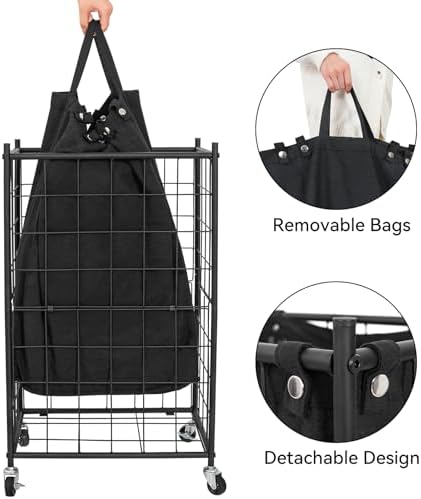 WOWLIVE Rolling Laundry Basket, Metal Wire Frame Laundry Hamper - Image 6