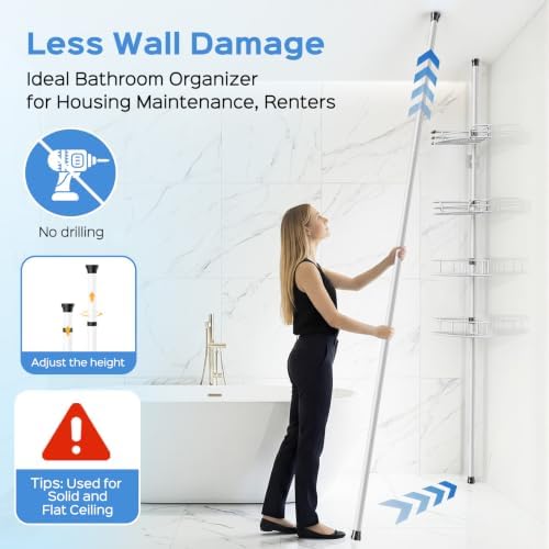 HAMITOR Corner Shower Caddy Tension Pole, Bathtub Adjustable No-Drill Shelf - Image 3