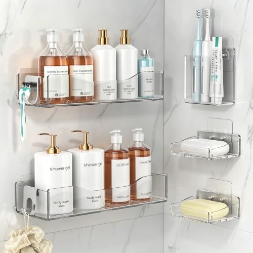 Clear Acrylic Shower Caddy Organizer Shelves, Adhesive Wall Storage 5-Pack by YAWSOUP