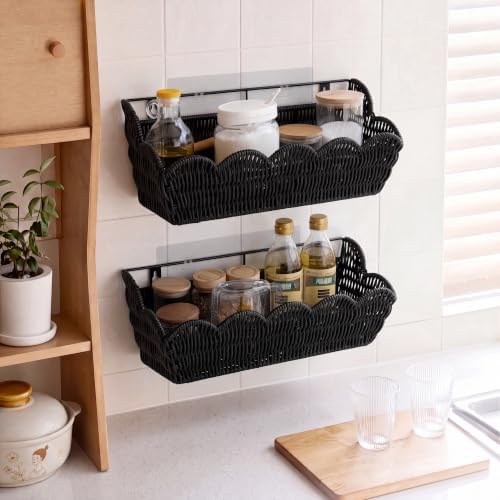 2 Pack Adhesive Plastic Wicker Hanging Storage Basket Scalloped Edge - Image 2