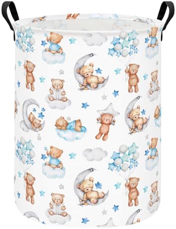 Round Bear Pattern Laundry Hamper, Cotton Canvas Storage Bin by ONOEV