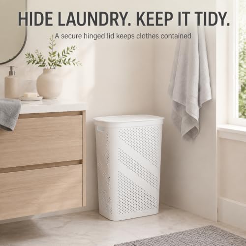 White Laundry Hamper with Hinged Lid, Rectangular 23.9 Inch - Image 5