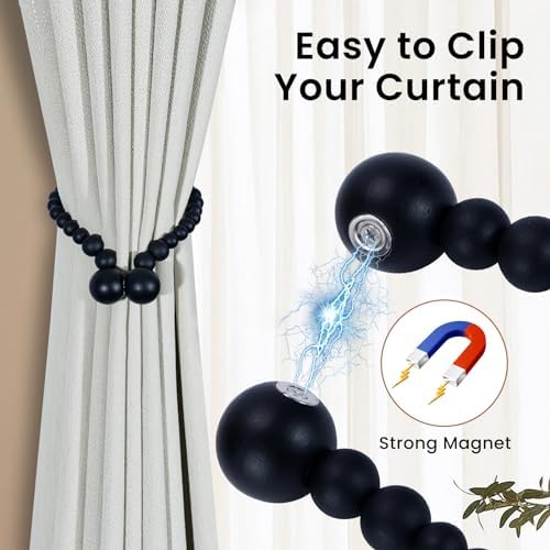 KLOGTSIND Magnetic Curtain Tiebacks, 2 Pack Wood Bead Curtain Holdbacks - Image 2