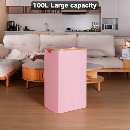 100L Laundry Hamper with Lid, Lagre Basket with Bamboo Handles, Foldable - Image 4