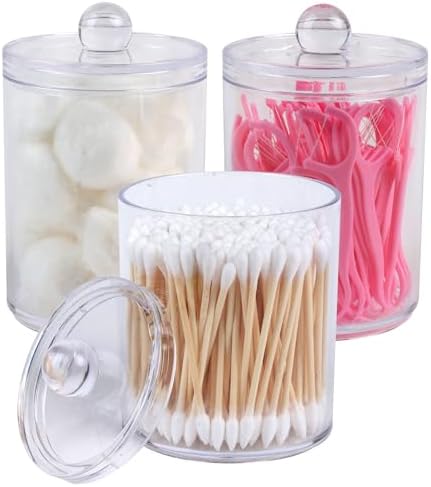 3 Pack Acrylic Qtip Holder Dispenser, Cotton Swab Ball Pad Holder, 10 oz by Aynoo