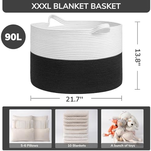 INDRESSME XXXLarge Woven Rope Blanket Basket Living Room White Black - Image 3