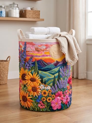 Quilted Laundry Basket with Handles, Boho Floral Quilted Storage Hamper - Image 6