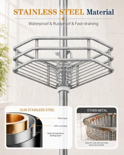 SEIRIONE Corner Shower Caddy Tension Pole, Quick Setup, Rust-Free Bathroom - Image 3