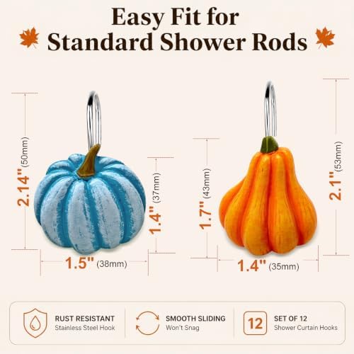 Pumpkin Shower Curtain Hooks Set of 12, Resin Farmhouse Fall Decor - Image 3