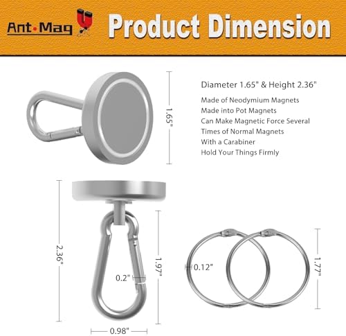Ant Mag Magnetic Hooks Heavy Duty Neodymium, 140LBS Swiveling Carabiner - Image 2