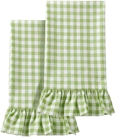 HunnmingRe 2 Pcs Mint Green Gingham Kitchen Towels Cotton Ruffled by HunnmingRe