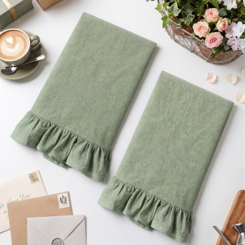 HunnmingRe 2 Pcs Sage Green Kitchen Towels Retro Towels Cotton Ruffled - Image 3