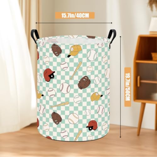 Round Laundry Basket Collapsible Storage Hamper Green Grid Baseball - Image 2