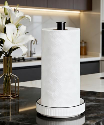Paper Towel Holder, Ceramic Heavy Plate Base Wobble-Free, Roll Stand-Wh-bk - Image 5