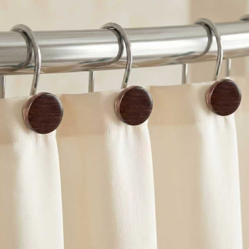 Farmhouse Boho Shower Curtain Hooks-Wood Texture Resin Button Rings - Image 2