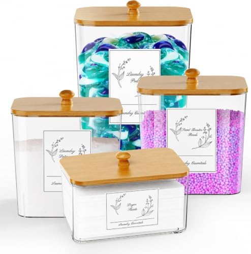 COAZEX 4 Pack Clear Laundry Pods Container & Dryer Sheet Holder, Bamboo Lids by COAZEX