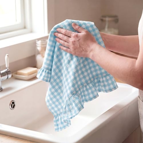 HunnmingRe 2 Pcs Light Blue Gingham Kitchen Towels Cotton Ruffled - Image 4