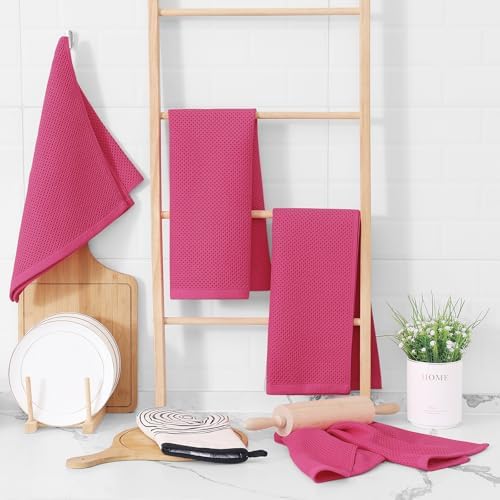 Homaxy 100% Cotton Waffle Weave Kitchen Dish Towels 4-Pack, Hot Pink - Image 6
