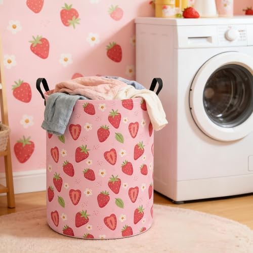 Round Laundry Basket Collapsible Storage Hamper Flower Strawberry - Image 6