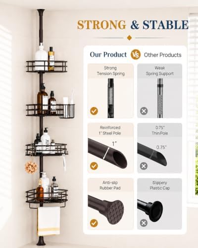 SEIRIONE Corner Shower Caddy Tension Pole, Quick Setup, Rust-Free Bathroom - Image 6
