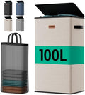 100L Laundry Hamper with Lid, Odor-Controlling Hamper with Handles, Collapsible by MECINFUL