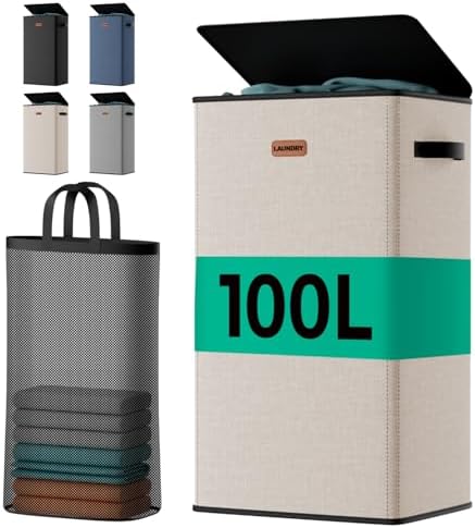 100L Laundry Hamper with Lid, Odor-Controlling Hamper with Handles, Collapsible by MECINFUL