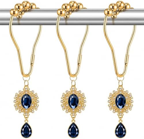12PCS Blue Crystal Shower Curtain Hooks, Elegant Gem Style Bathroom Decor by Koveni