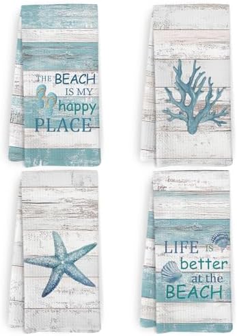Coastal Beach Kitchen Towels and Dishcloths Set of 4, Life is Better at The by HFXHANGD
