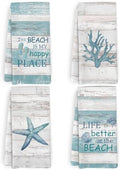 Coastal Beach Kitchen Towels and Dishcloths Set of 4, Life is Better at The by HFXHANGD