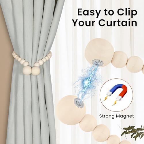 KLOGTSIND Magnetic Curtain Tiebacks, 4 Pack Wood Bead Curtain Holdbacks - Image 2
