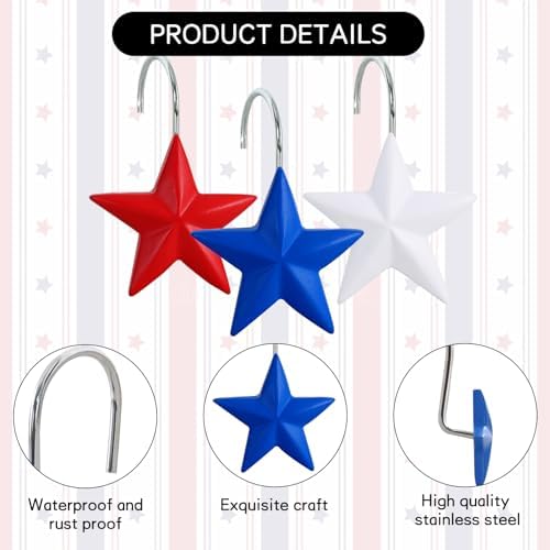12-Piece 4th of July Red White Blue Stars Shower Curtain Hooks, Fourth of July - Image 3