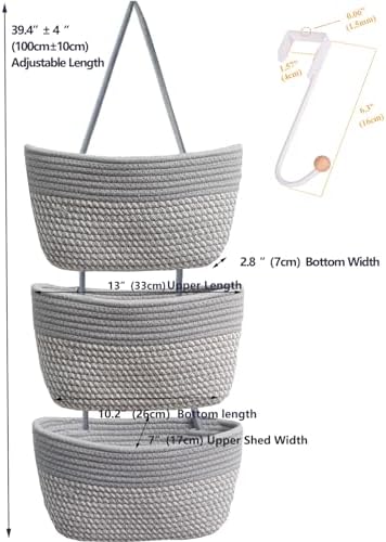 Over the Door Hanging Basket for Organizing 3 Tiers Woven Cotton Rope Wall - Image 3