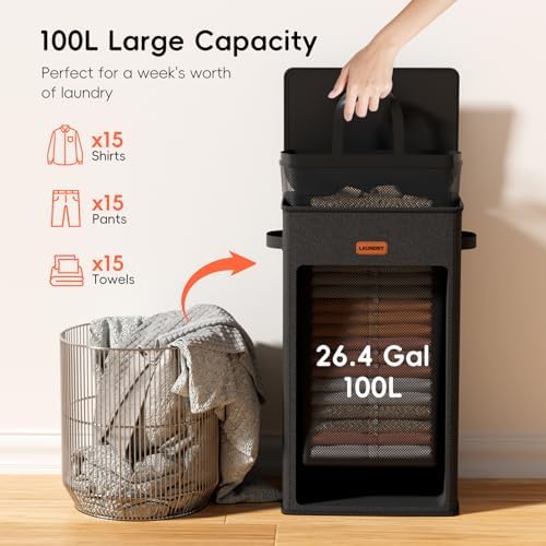 100L Laundry Hamper with Lid, Large Clothes Hampers with Removable Bag - Image 3