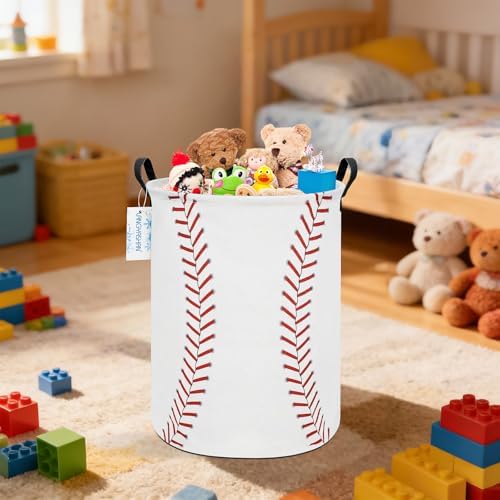 Round Laundry Basket Collapsible Storage Hamper Organizer Red Baseball - Image 5
