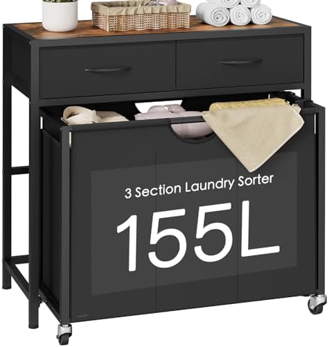 Laundry Sorter 3 Section with Tabletop & 2 Drawers, Rolling Laundry Hamper with by FIONESO