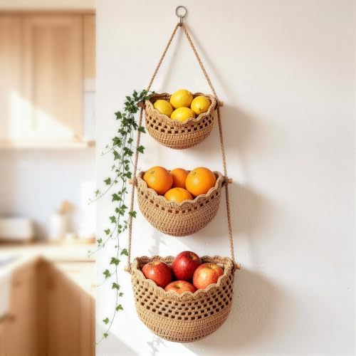 3 Tier Hanging Fruit Basket, Boho Cotton Rope Wall Mounted Produce Holder by wnfouhomesolutions
