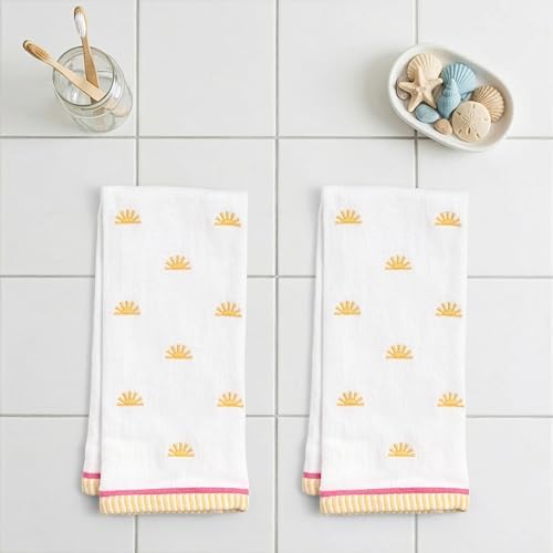 Ritz 2-Piece Cotton Velour Bathroom Hand Towel Set, Embroidered Sun Allover - Image 3