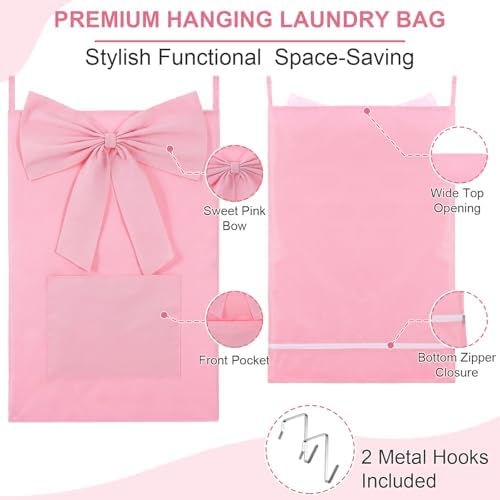 Pink over the Door Hamper Bow Hanging Laundry Bag 18.5"x 27.6" - Image 4