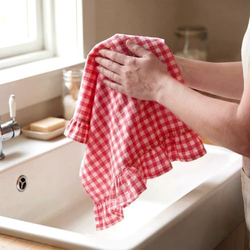 HunnmingRe 2 Pcs Watermelon Pink Gingham Kitchen Towels Cotton Ruffled - Image 4