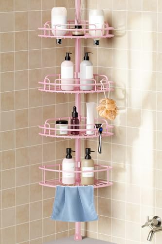 HAMITOR Corner Shower Caddy Tension Pole: 4-Tier Bathroom Organizer Pink by HAMITOR