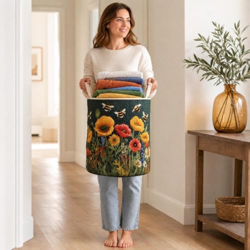 Quilted Laundry Basket with Handles, Boho Floral Quilted Storage Hamper - Image 7
