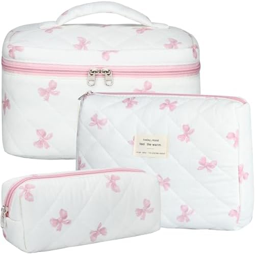 BuyCard Quilted Makeup Bag Set, CuteFloral Cotton Coquette Makeup Bag Toiletry by BuyCard